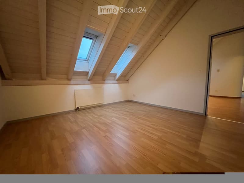 empty room, wooden floor, white walls, two skylights, white radiator