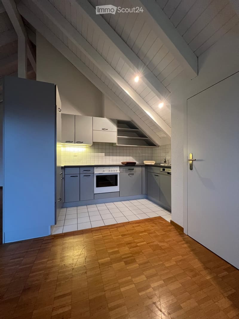 modern kitchen with white tiles, gray cabinets, white oven, dishwasher, wooden floor