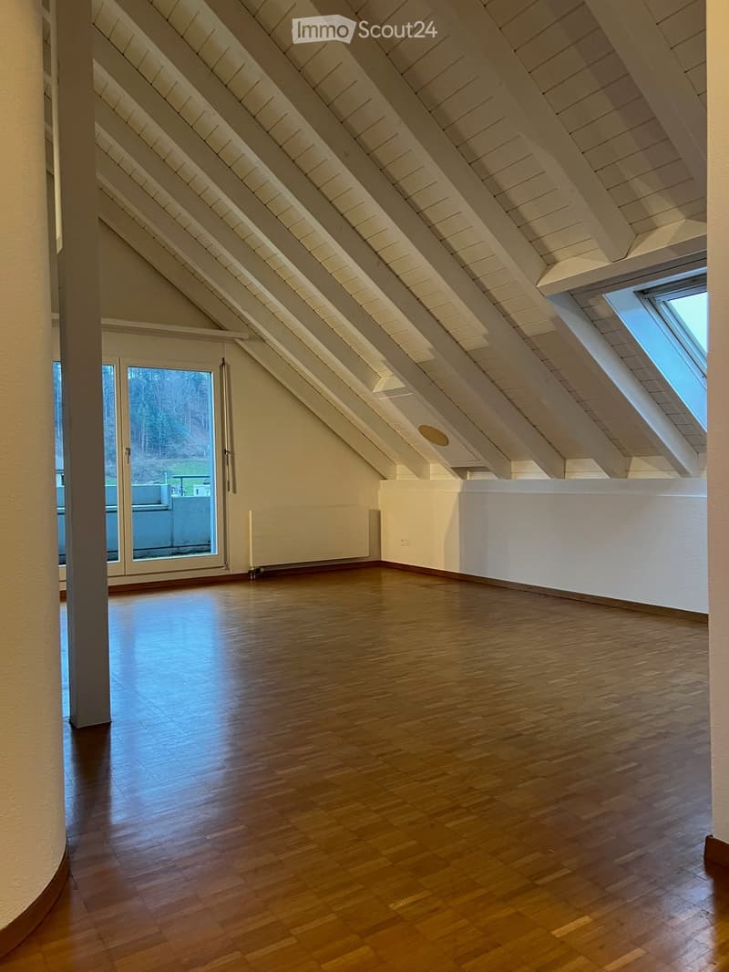 empty room, wooden floor, white walls, glass door, balcony, skylight