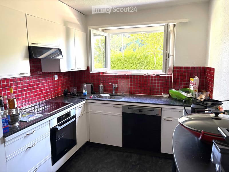 Modern kitchen with white cabinets, black countertops, and red tiled backsplash. Equipped with a sink, faucet, and dishwasher. Appliances include a stove, microwave, toaster, and blender. Various kitchenware and utensils are visible.
