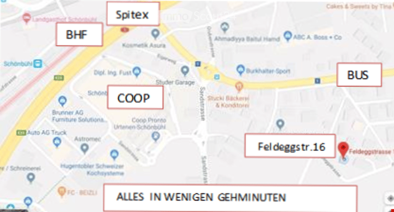 Map showing various locations with labels such as 'Spitex', 'BHF', 'COOP', and 'Feldeggstr. 16'. The map also includes a note 'ALLES IN WEINGEN GEHMINUTEN'.