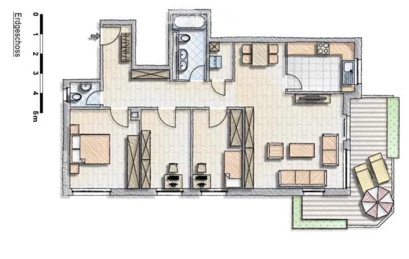 Floor plan of a multi-room apartment with living area, kitchen, bedrooms, bathrooms, and a balcony.