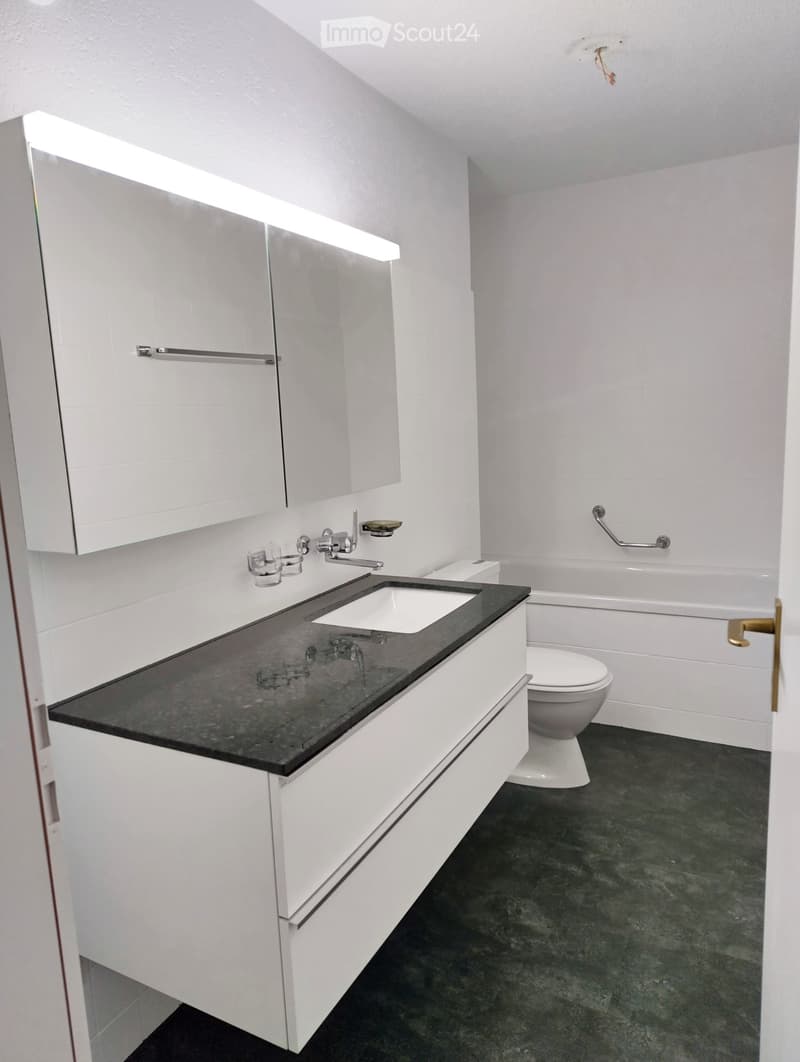 Modern bathroom with white cabinets, black countertop, double sink, toilet, bathtub, and a large mirror with built-in lighting.