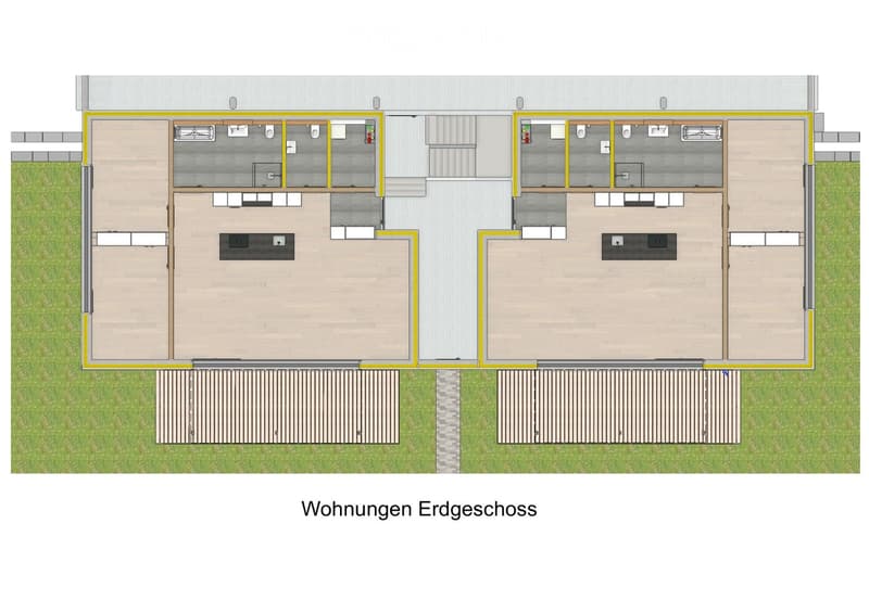 Floor plan of a two-unit residential building with separate entrances, each unit has a living room, kitchen, two bedrooms, and two bathrooms.