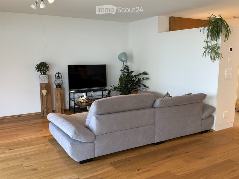 Living Room. Modern living room with a grey sectional sofa, flat-screen TV on a stand, small round table, and decorative plants.