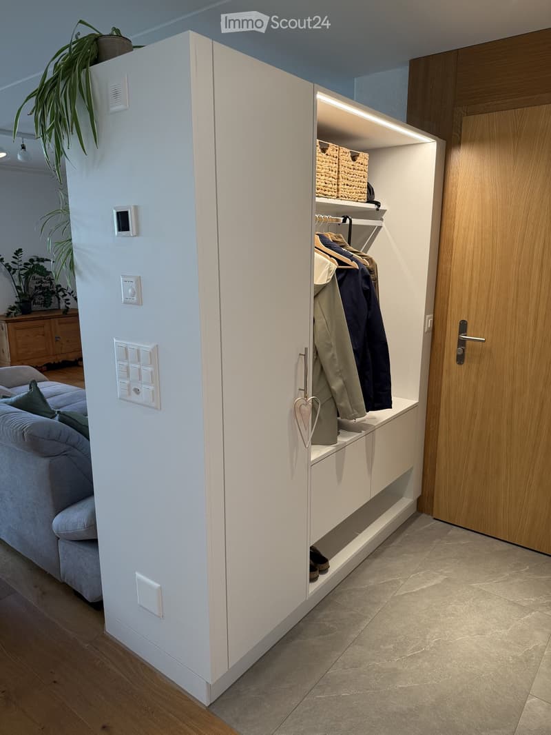 Furnished Room. Modern hallway with built-in coat rack and shelves, featuring a grey sofa, wooden floor, and decorative plant.