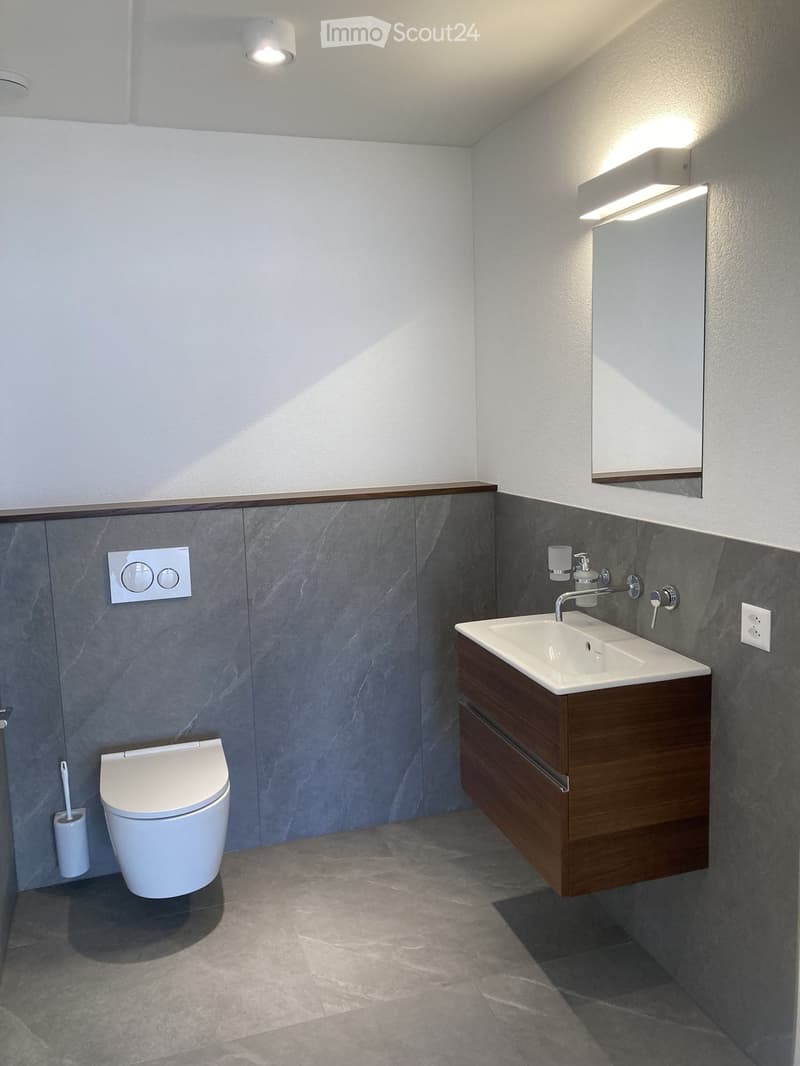 Bathroom. Modern bathroom with a white sink, dark wooden cabinet, chrome faucet, toilet, and a large mirror with built-in lighting. Grey tiled walls and floor.