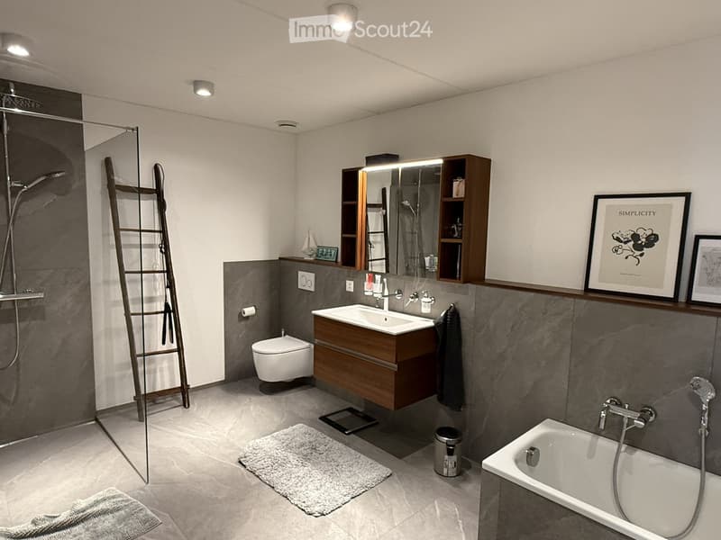 Bathroom. Modern bathroom with a wooden vanity, sink, mirror, bathtub, toilet, shower, and framed artwork.