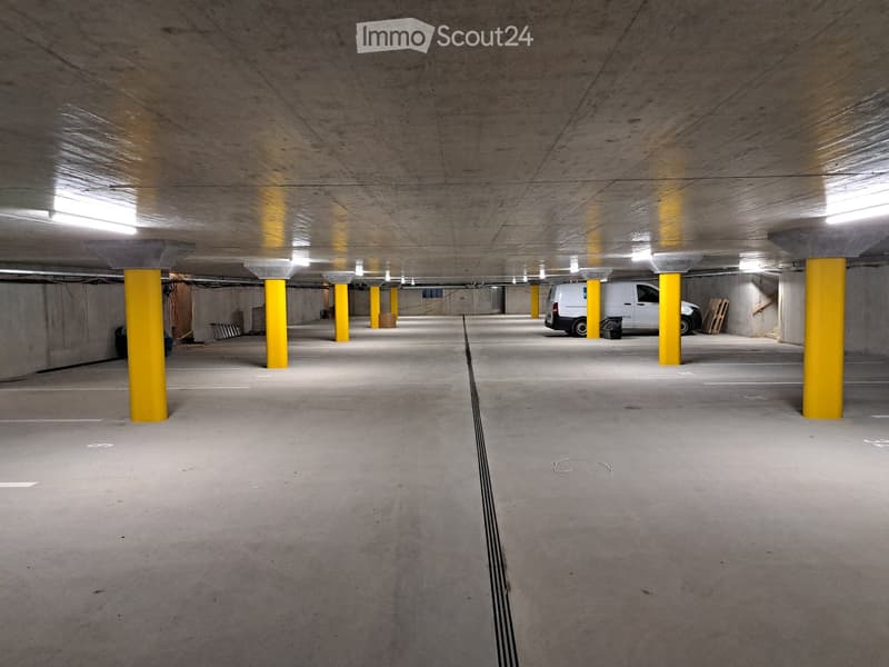Empty underground parking lot with yellow pillars and white markings on the floor.