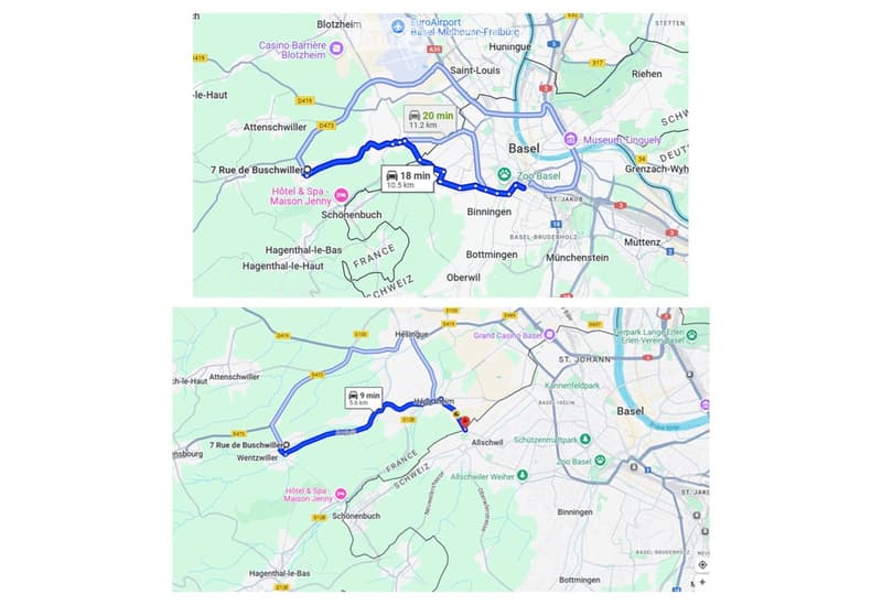 Other. Map showing a route from Blotzheim to Basel with various landmarks and distances indicated.