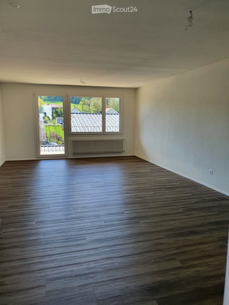 Empty room with wooden flooring, white walls, and a glass door leading to a balcony. There is a white radiator below the window.