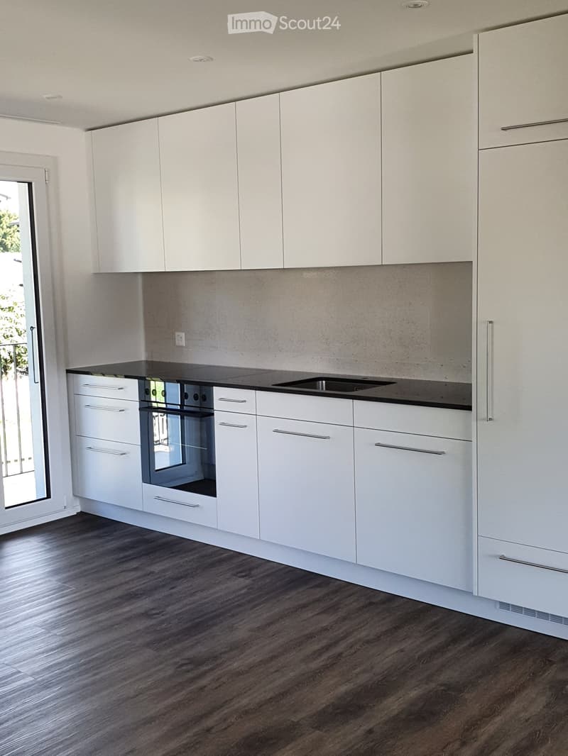 Modern kitchen with white cabinets, black countertops, integrated oven, and sink.