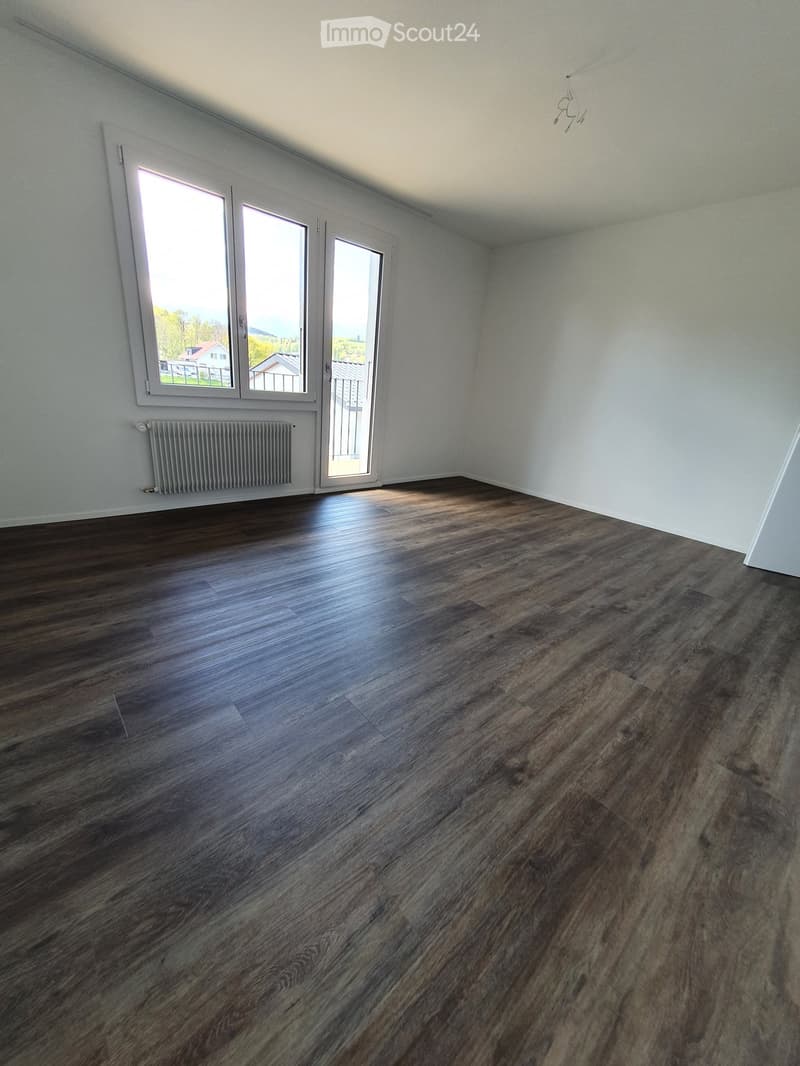 Empty room with white walls, wooden floors, and a sliding glass door leading to a balcony. A white radiator is mounted on the wall.