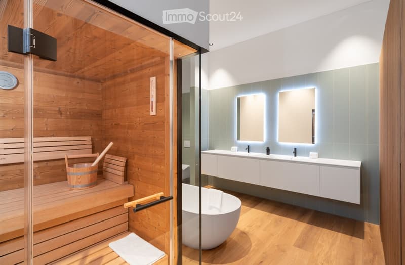 sauna, bathtub, wooden floor, wooden bench, sink, double vanity, mirror