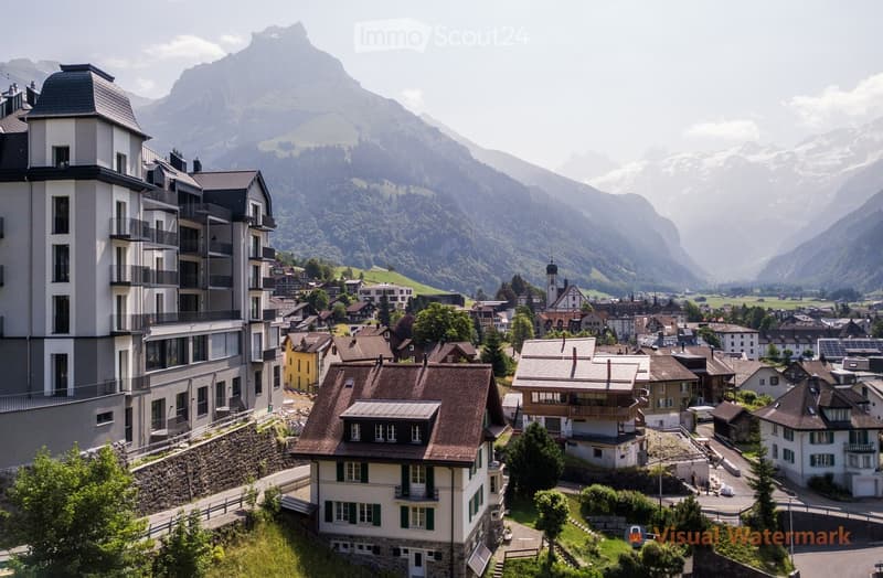 Aerial view of a mountainous region with various buildings, including an apartment complex, and houses, set against a backdrop of green trees and majestic mountains.