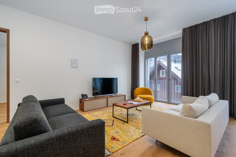 Two couches, TV stand with TV, coffee table, yellow rug, yellow armchair
