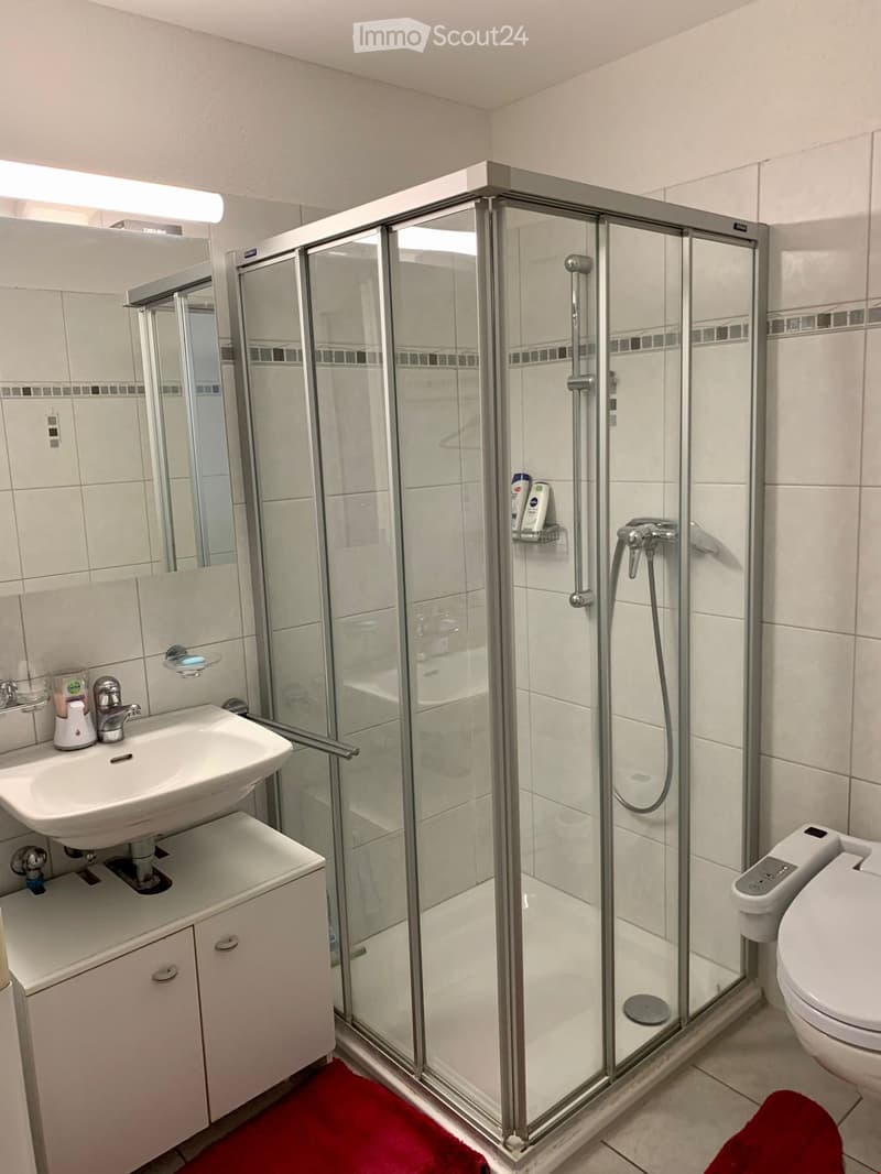Modern bathroom with glass shower enclosure, white sink, mirror, and toilet. White tiles and cabinets.