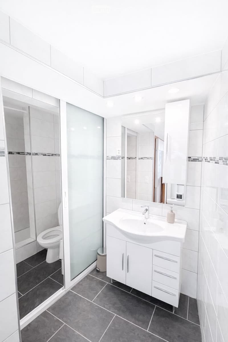 modern bathroom with white tiles, glass shower enclosure, white vanity, mirror, toilet, trash can