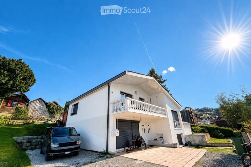 modern white house, garage, balcony, car parked in front