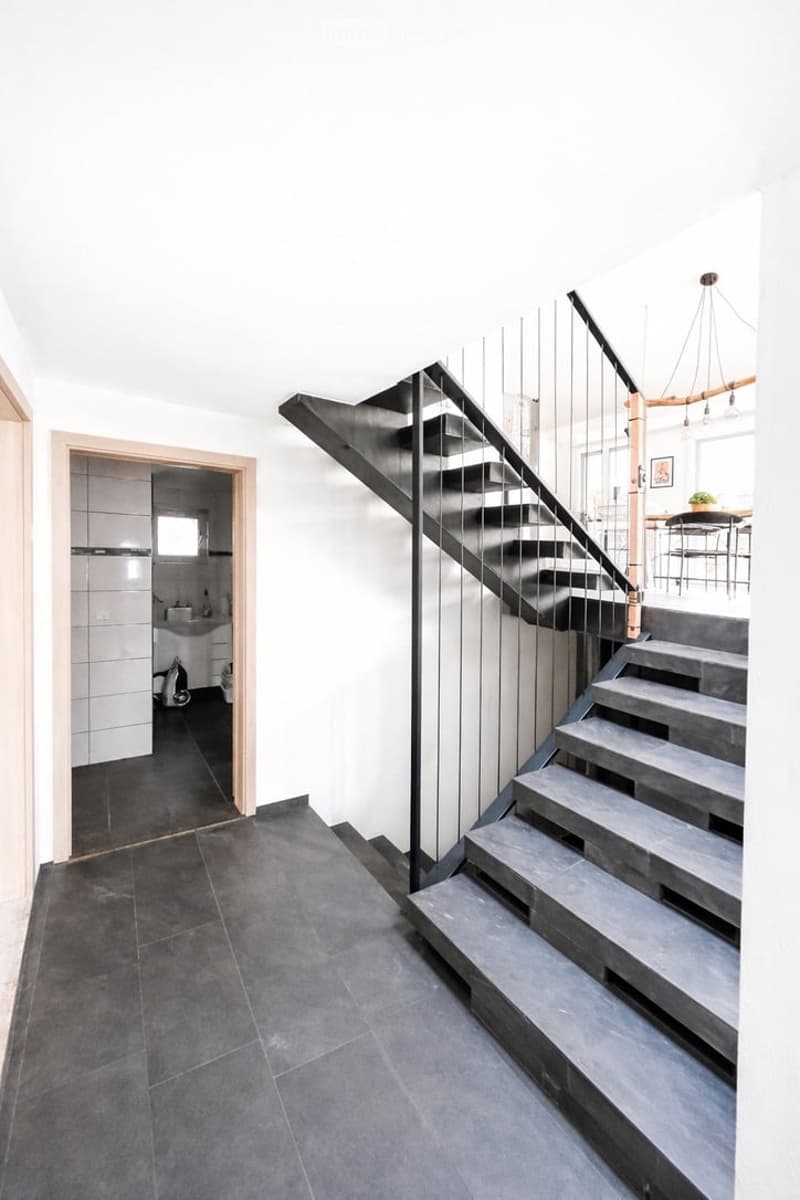 modern staircase, white walls, gray tiles, open bathroom