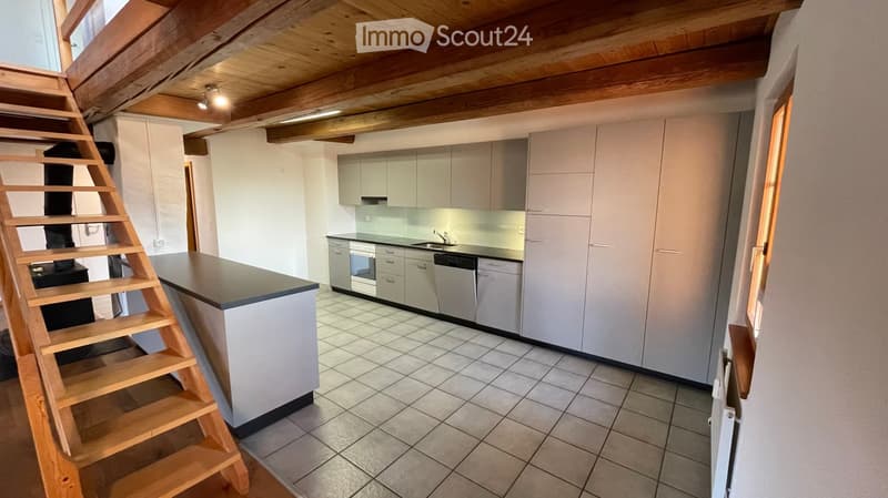 white tiled floor, wooden ceiling, wooden staircase, kitchen appliances including stove, dishwasher, sink, and fridge, white kitchen cabinets