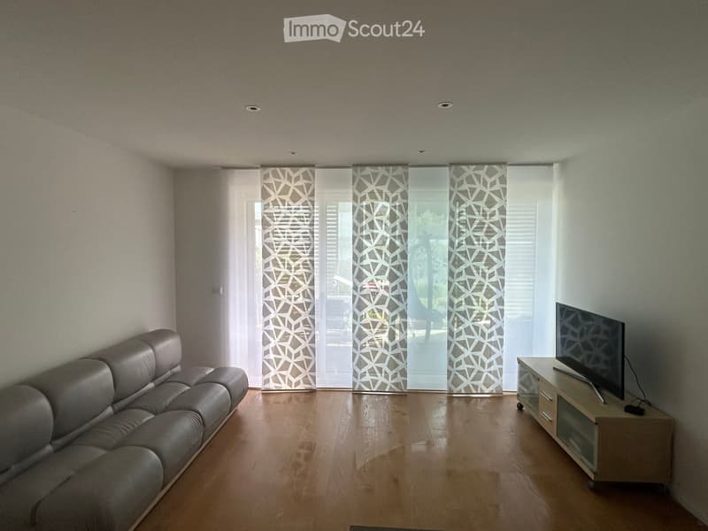 Modern living room with a leather sofa, a TV on a stand, and a rug. The room has white walls and wooden floors.