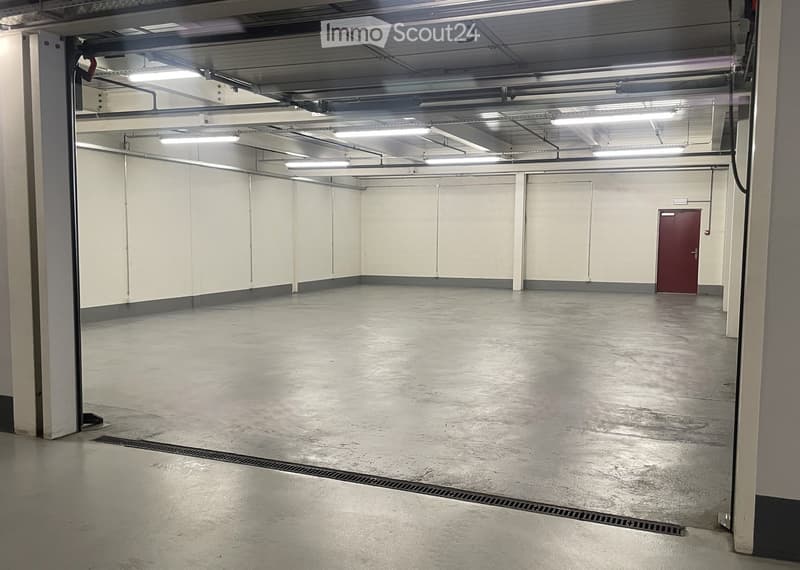 Unfurnished Room. Empty room with white walls, gray floor, and a red door. There are no visible objects or furniture.