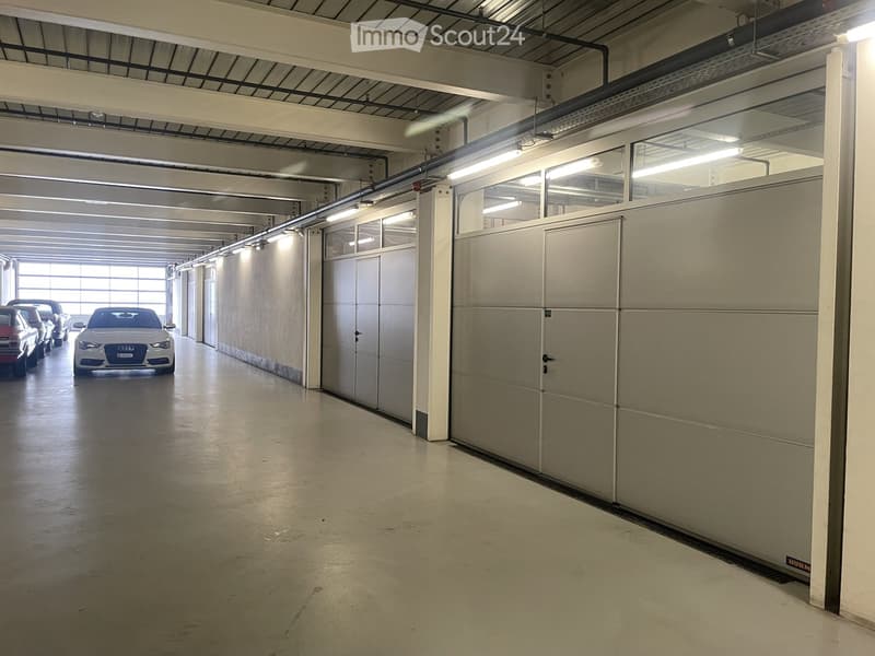 Corridor / Hallway. Empty parking garage with white walls, grey floors, and large grey doors. A few cars are parked in the distance.