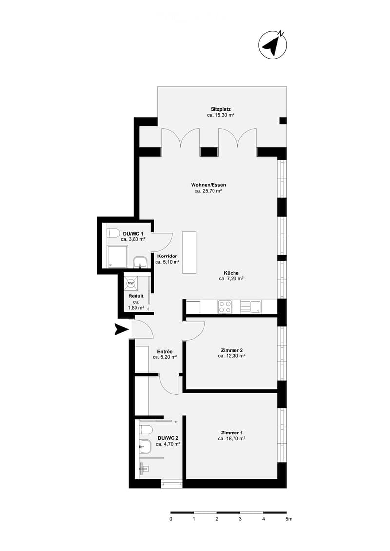 Floor plan with living room, kitchen, 2 bedrooms, 2 bathrooms, entrance, corridor
