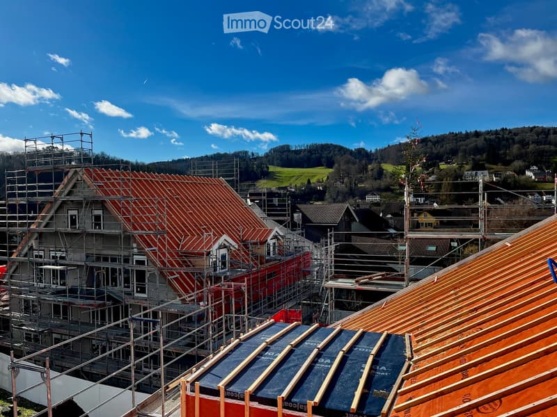 House under construction, scaffolding, red roof, mountains in background