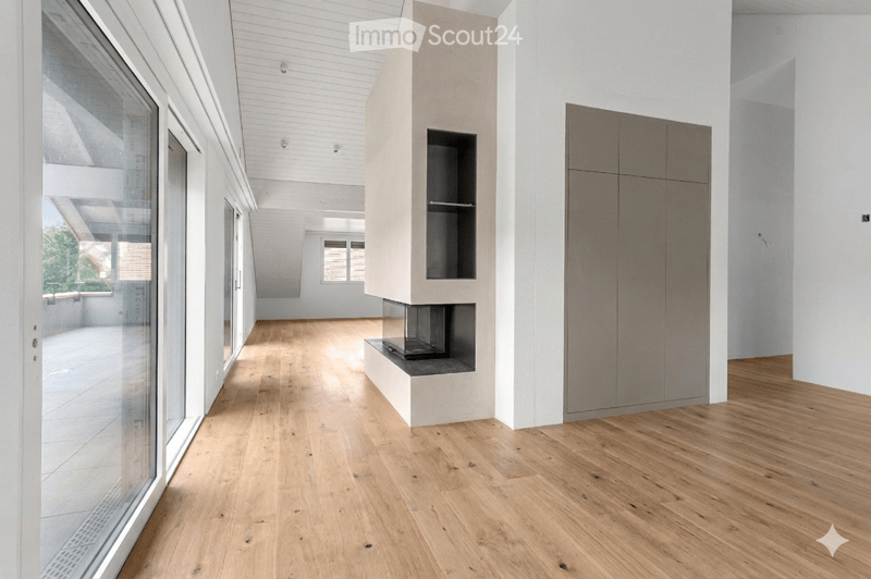 Bright, modern hallway with wooden flooring, white walls, and a built-in fireplace with a glass front. Large windows and glass doors lead to an outdoor area.