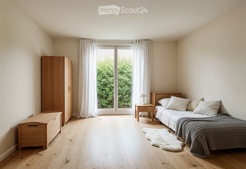 bedroom with wooden floor, white walls, large glass door, wooden cabinet, bed with pillows, nightstand with lamp, white rug