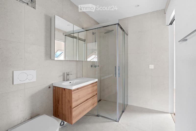 Modern bathroom with a wooden vanity, white sink, chrome faucet, large mirror, and a glass-enclosed shower stall.