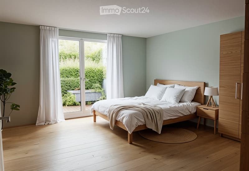 wooden bed, white bedding, wooden nightstand, lamp, wooden cabinet, sliding glass door, balcony, rug, plant