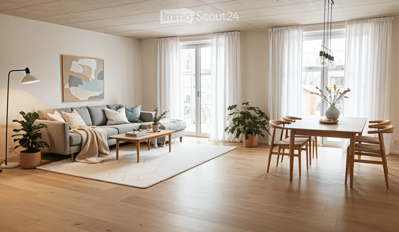 modern living room with wooden floor, gray couch, coffee table, dining table, plants, lamps, white curtains
