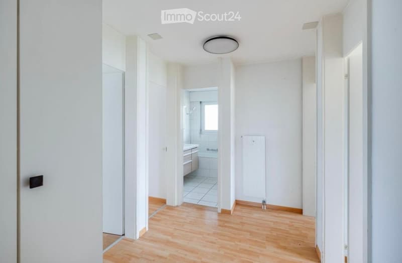 Empty corridor with white walls, wooden floor, and a ceiling light.