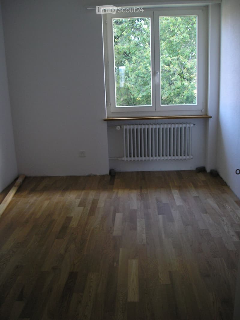 Empty room with wooden floor, white walls, and a window with a view of trees outside. A white radiator is mounted on the wall below the window.