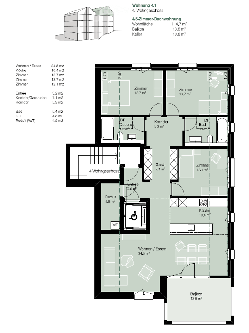 Floor plan of a 4.5-story duplex apartment with 4 bedrooms, 2 bathrooms, kitchen, living/dining area, entrance, corridor, garden, and balcony.