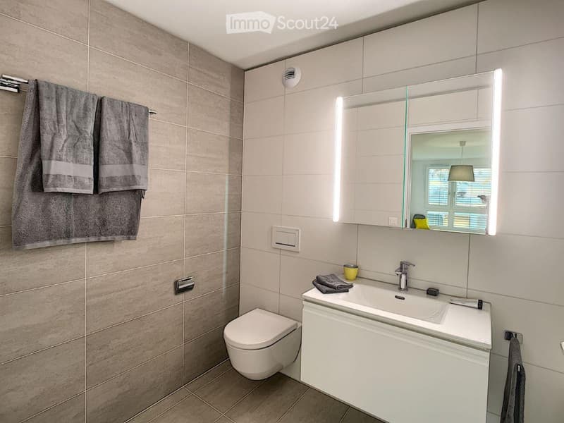 Modern bathroom with tiled walls, white vanity, sink, and mirror. A toilet is placed in a corner, and two towels hang on a towel rack.
