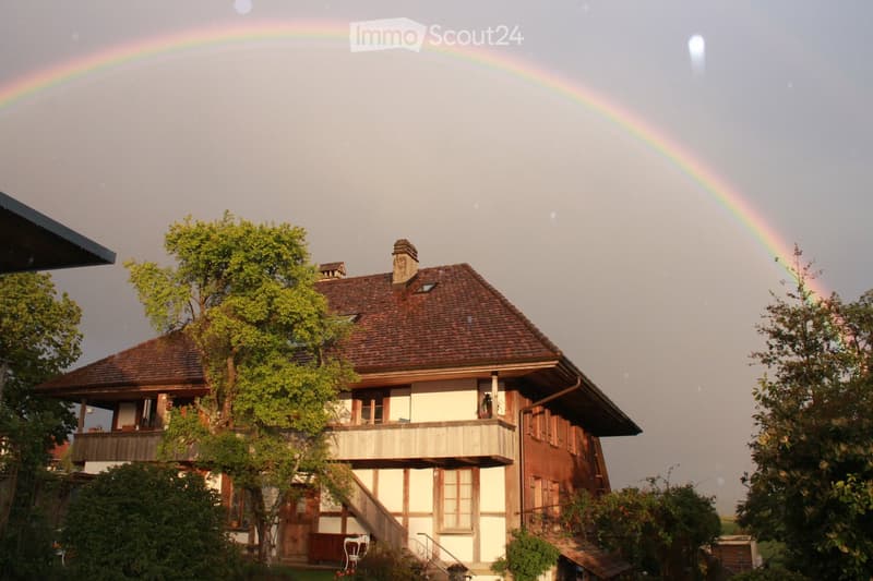 House. A two-story house with a brown roof and white walls, surrounded by trees and plants.