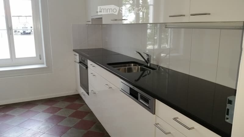 Modern kitchen with white cabinets, black countertops, stainless steel sink, and dishwasher.