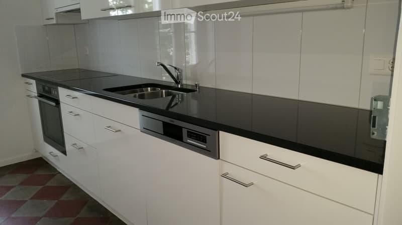 Modern kitchen with white cabinets, black countertops, stainless steel sink, and built-in appliances.