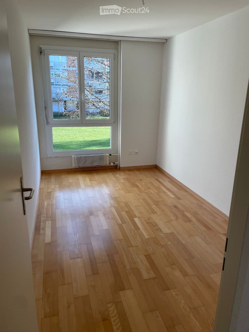 empty room, wooden floor, white walls, large window, view of a grassy field