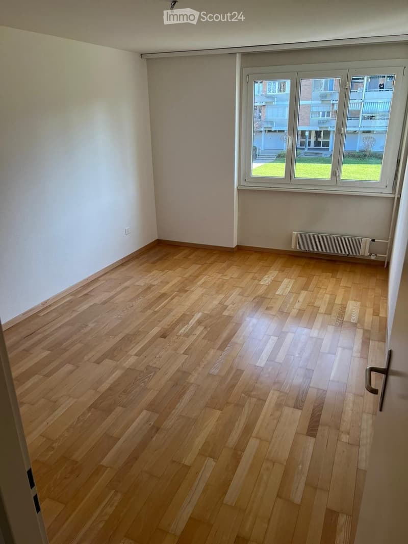 empty room, wooden floor, white walls, large window, view of a grassy area