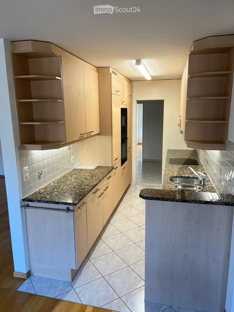modern kitchen with granite countertops, wooden cabinets, built-in oven, double sink, and dishwasher