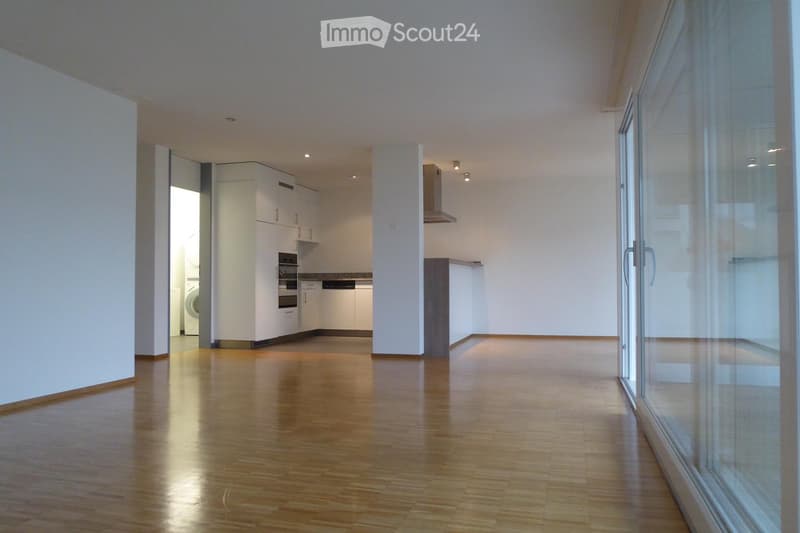 Wooden floor, sliding glass doors, white walls, modern kitchen, dishwasher, washing machine