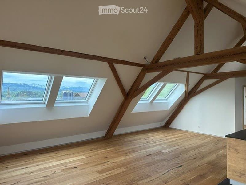 Empty attic room with wooden beams, wooden floor, and three skylights.