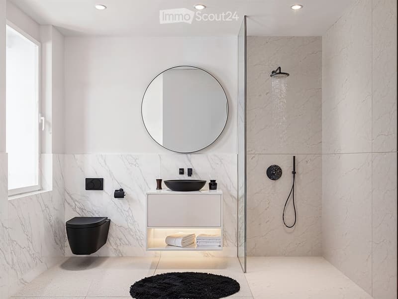 Modern bathroom with marble tiles, black toilet, round mirror, wall-mounted sink, and a glass shower enclosure with a rain shower.