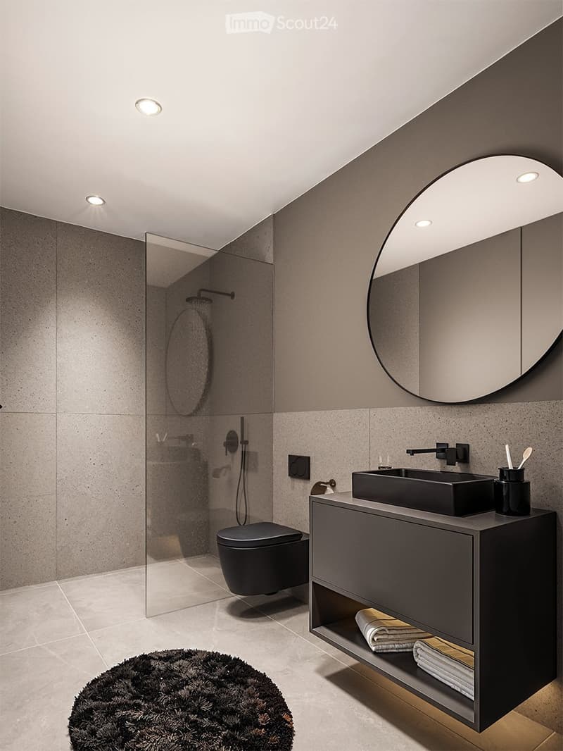 modern bathroom with black fixtures and white tiles