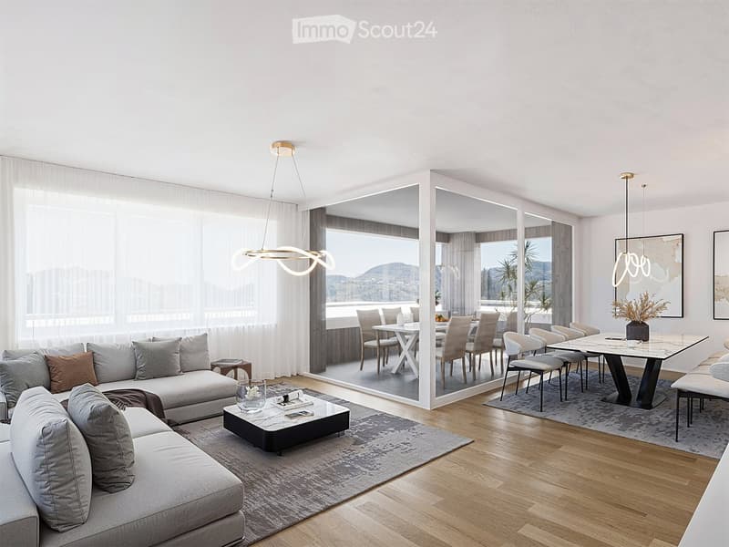 gray sofa, coffee table, marble floor, modern chandelier, dining table, large windows, terrace